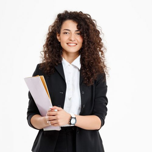 Young tender curly girl holding documents over white background